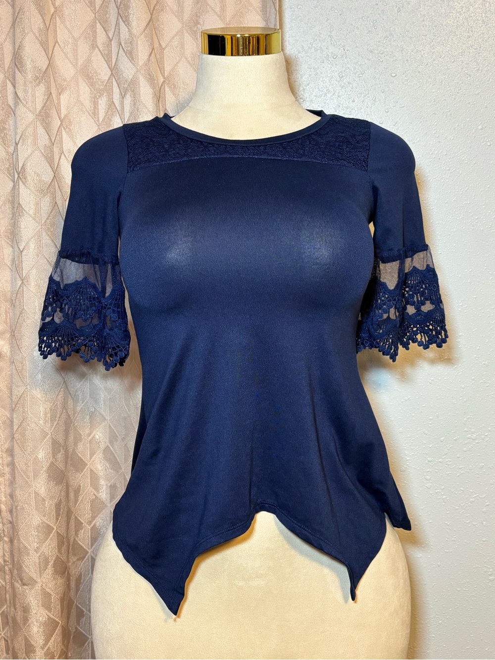 Women's Navy Lace Sleeve Asymmetric Hem Top